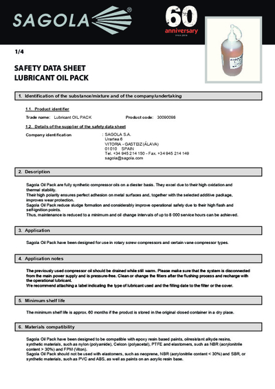 Safety data sheet Lubricant Oil Pack